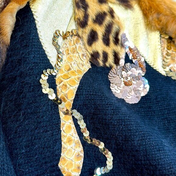 Vintage Wool Fur Sequin Leather Exquisite Pullover Sweater Circa 90s - Picture 15 of 16